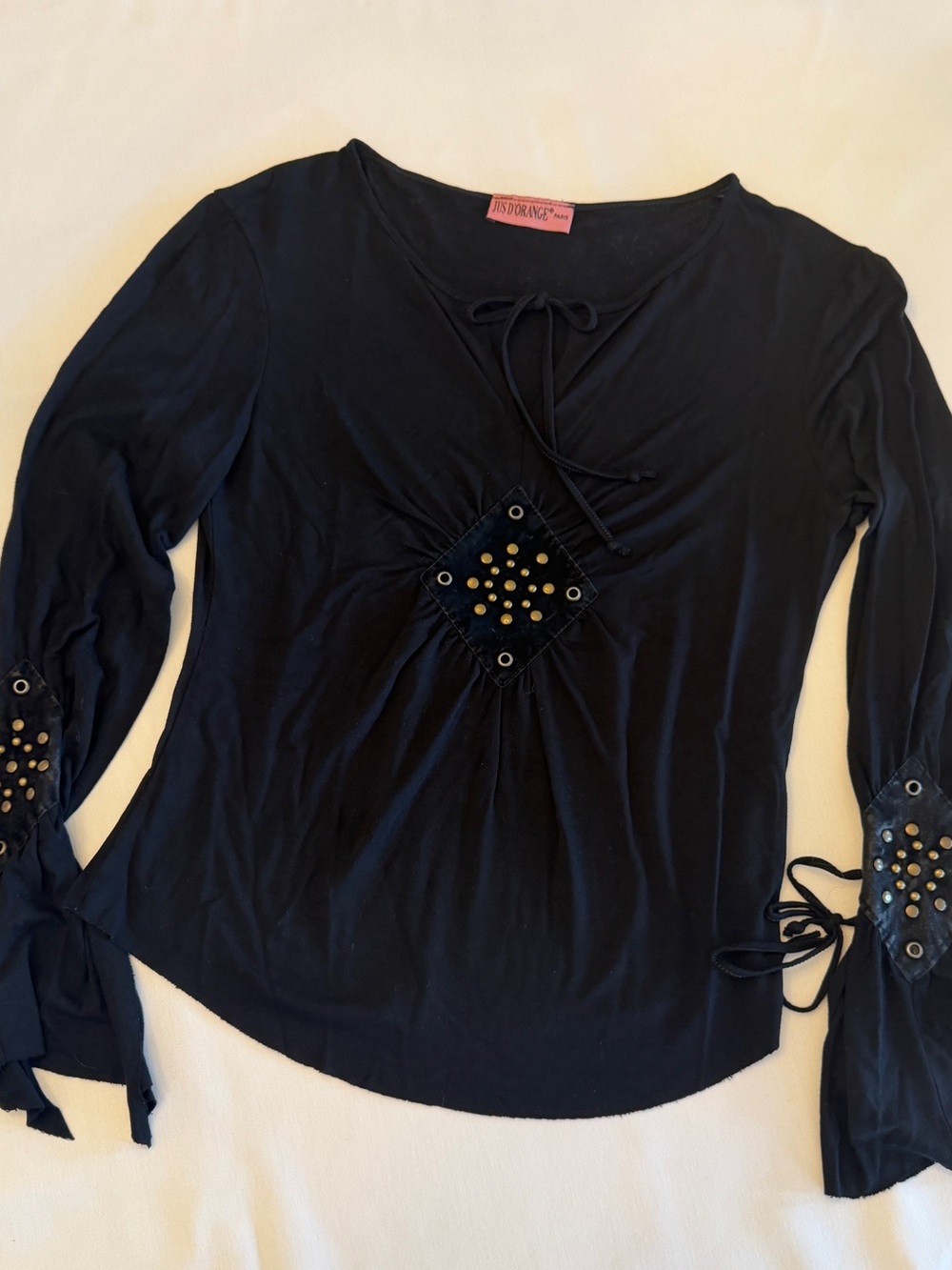 Vintage Jus D’Orange Paris Black Embellished Tie-Front Women’s Top
